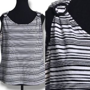 Style Studio Sleeveless Striped Top, Black White, Shoulder Loop Detail Women’s L